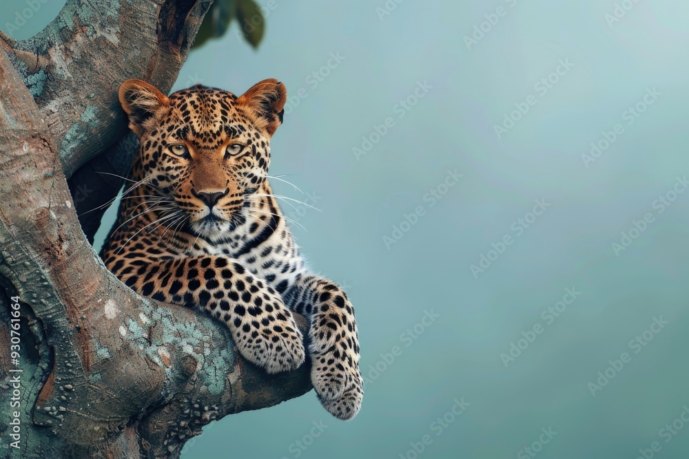 Poster A leopard sits in a tree, looking directly at the camera