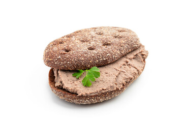 Liver meat pate spread on rye bread isolated on white