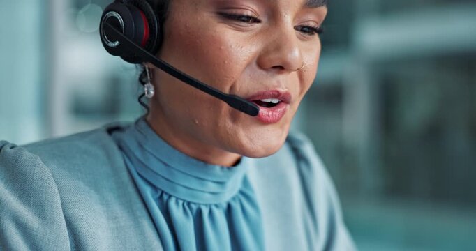 Call center, woman and mouth with mic in office for customer service, help or outbound sales support. Happy, advisor and tech in communication for telemarketing, information or consulting with client