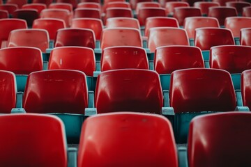 Naklejka premium Detailed view of empty red plastic stadium chairs arranged in symmetrical pattern