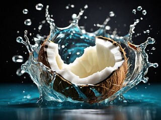 Fresh and natural appeal of the coconut water and the clean, bright splash of liquid droplets.