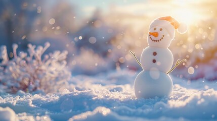 Obraz premium A snowman wearing a Santa hat in snowy environment