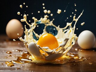 Egg with the yolk splashing, with dynamic and vibrant motion. The image is isolated on a plain background, emphasizing the fresh and raw appeal of the egg and the clean, refreshing splash of yolk and 