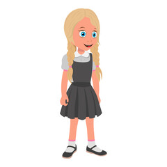 Flat Vector Illustration of Smiling Schoolgirl Wearing School Uniform and with Stack of Books, Cartoon Character Set For Animation, Various Views, Poses and Gestures. Item 4