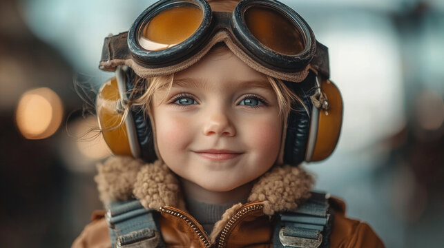 Ni&ntilde;o, vestido de piloto con gafas, ojos azules y mucha ilusi&oacute;n por emprender el vuelo, concepto de sue&ntilde;o infantil y deseos de experimentar y so&ntilde;ar.