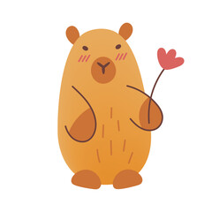 Cute kawaii hand draw capybara with flower isolated on white background.Childish,kids print. Vector illustration. Cartoon characters.Flat style with mesh gradient.Brown color.