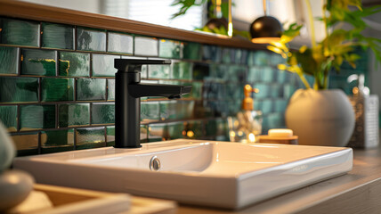 Modern bathroom sink with black faucet and green tile backsplash.