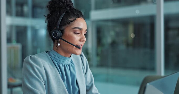 Laptop, headset and woman with communication in office for client support, online meeting and help. Happy, person and mic with conversation for b2b proposal, consulting and virtual business pitch