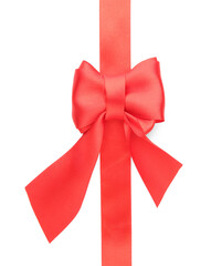 Red ribbon with bow on white background, top view