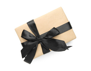 Gift box with black satin bow isolated on white, top view