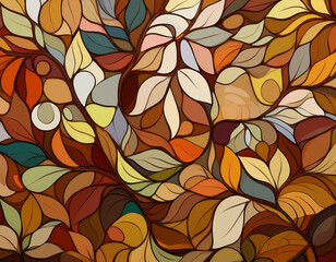 Autumn Mosaic with Abstract Shapes Representing Leaves, Bark, and Natural Elements in Seasonal Shades