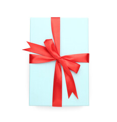 Gift box with red satin bow isolated on white, top view