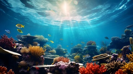 Underwater panoramic view of coral reef and tropical fish.