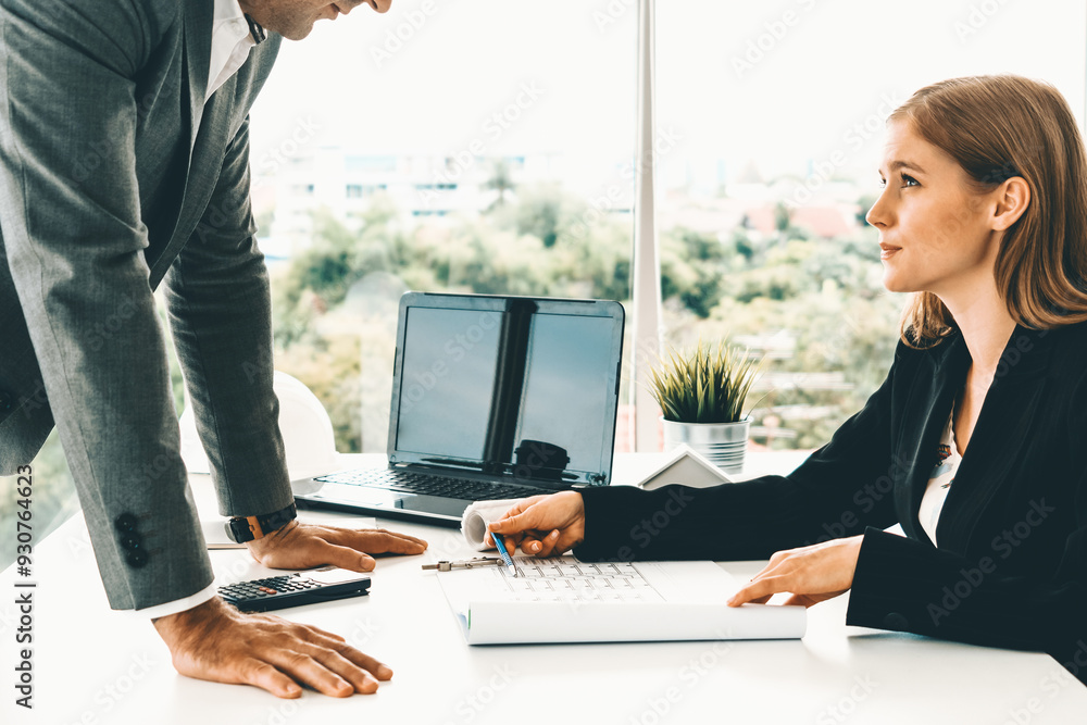 Poster architect and engineer working with construction drawing project on table in office. architecture an