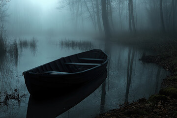 Abandoned Rowboat in Foggy Forest at Dawn