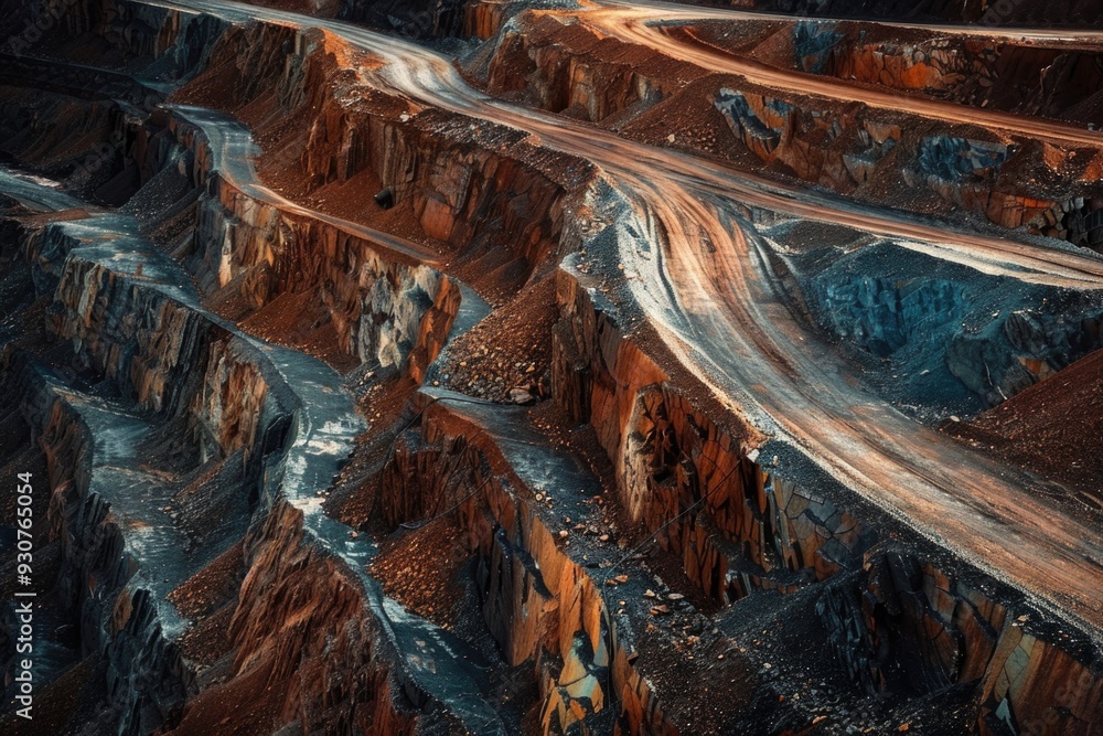 Aufkleber Aerial view of a large open pit mine with surrounding terrain