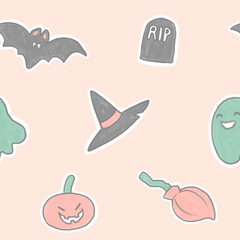 Pastel seamless Halloween pattern with cute kid illustrations with white borders. Happy ghost, bat, pumpkin lantern, grave and witch hat. Holiday design pattern on yellow background.