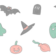Seamless Halloween pattern with cute kid illustrations. Happy ghost, bat, pumpkin lantern, grave and witch hat. Holiday design pattern on white background.