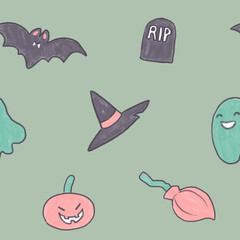 Seamless Halloween pattern with cute kid illustrations. Happy ghost, bat, pumpkin lantern, grave and witch hat. Holiday design pattern on green background.