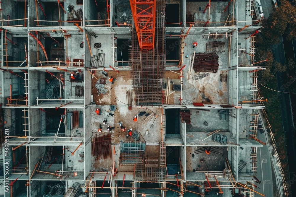 Poster Construction equipment on site with scaffolding and crane, ideal for use in architecture or building context