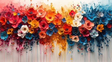Vibrant Abstract Floral Fusion, an energetic blend of colorful splashes and dripping oil hues creating impossible flowers against a clean white backdrop, evoking a sense of playful chaos.