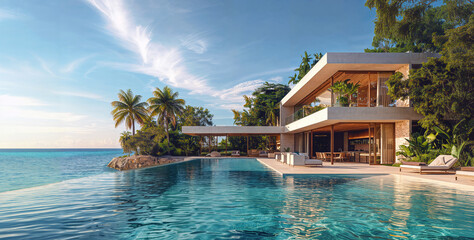 An architectural rendering of the exterior view across an infinity pool of a modern mansion on beachfront with white walls and large glass windows overlooking the coastal ocean