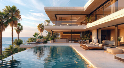 An architectural rendering of the exterior view across an infinity pool of a modern mansion on beachfront with white walls and large glass windows overlooking the coastal ocean