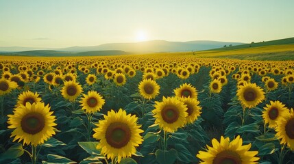 Obraz premium Vibrant Sunflower Field Under Clear Blue Skies - Wide Shot Nature Photo