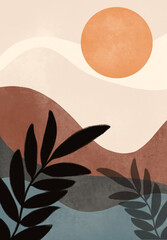 Abstract Minimalist Landscape with Sun and Leaves Illustration