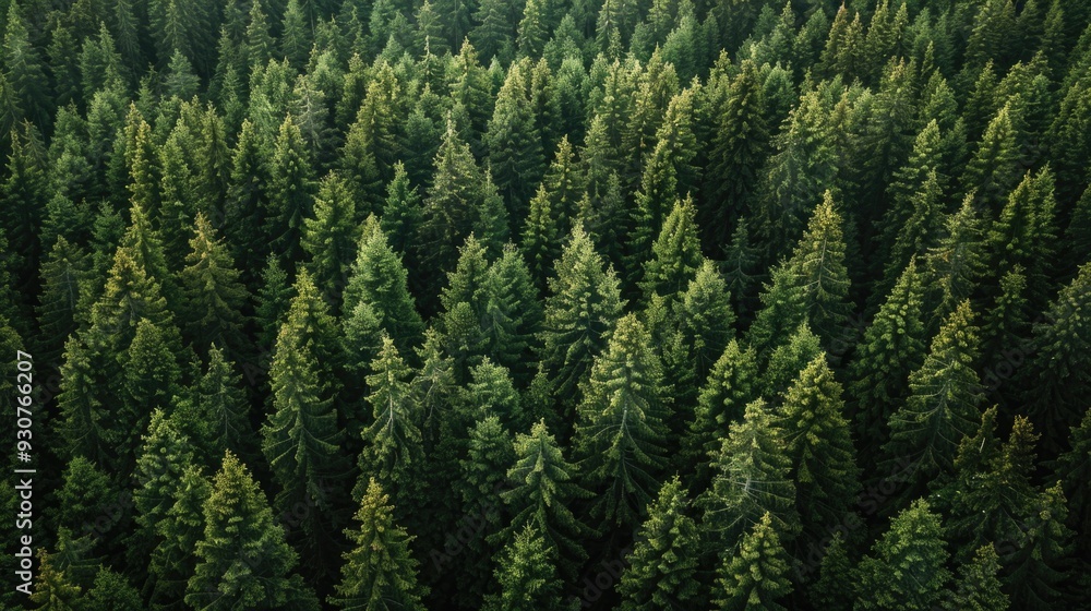 Poster Aerial view of a dense pine forest with many trees and some clearing