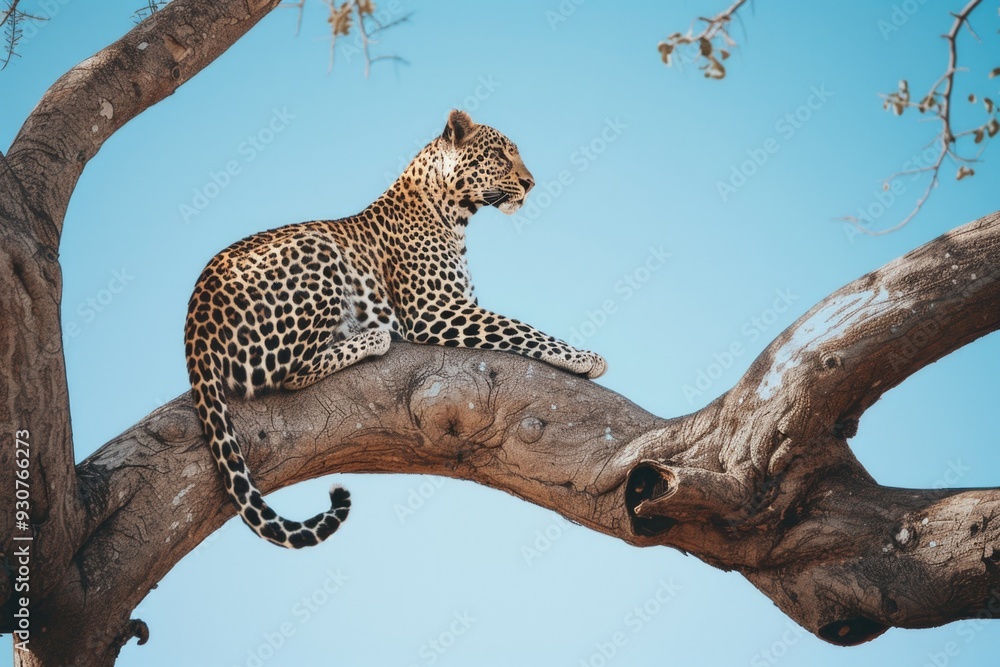 Poster a leopard resting on top of a tree branch, with its fur and eyes prominent