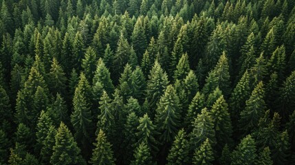 Aerial view of a dense pine forest with many trees and some clearing