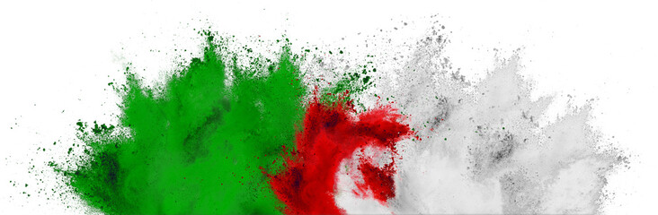colorful algerian green red white color holi paint powder explosion isolated white background. algeria african crescent celebration soccer travel and tourism concept.
