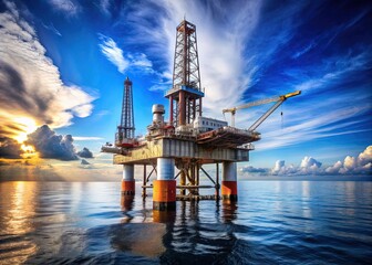 Obraz premium Tall, majestic jackup rig stands proudly in calm ocean waters, its towering legs and drilling equipment a testament to human engineering and exploration endeavor.