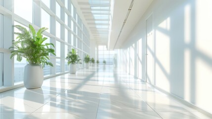 A large, empty hallway with a white wall and a large window, generative ai image