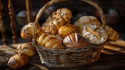A basket filled with various types of freshly baked bread.