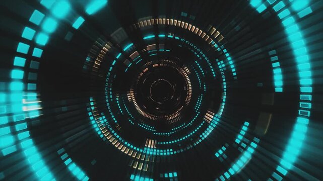 Futuristic sci-fi tunnel corridor with technical bricks texture with glowing rays. 3d stock motion background live wallpaper.