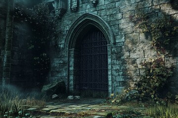 Fototapeta premium Fantasy Medieval Stone Gate Archway with Solid Door in Side of Wall Generative Illustration