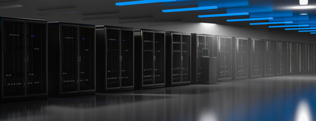 Server. Server data center. Backup, mining, hosting, mainframe, farm and computer rack with storage information. 3d rendering