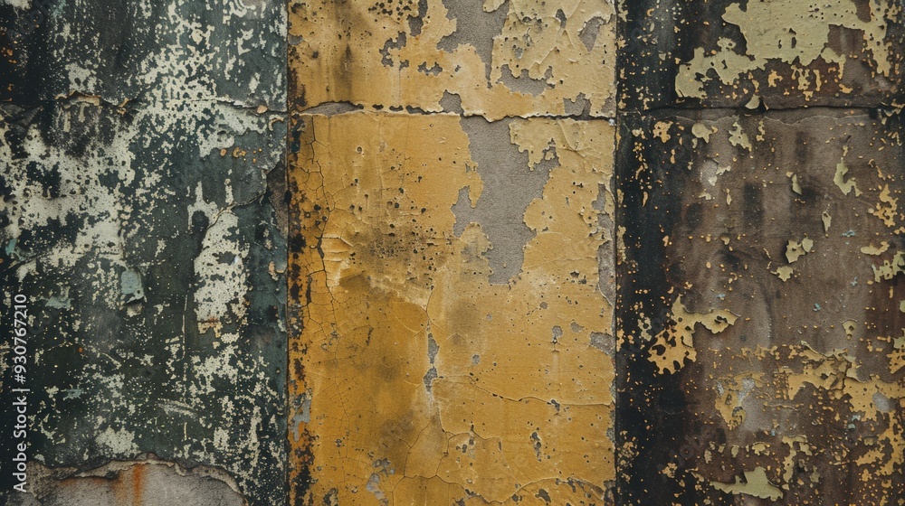Poster close-up view of peeling paint on a wall, useful for architecture or interior design images