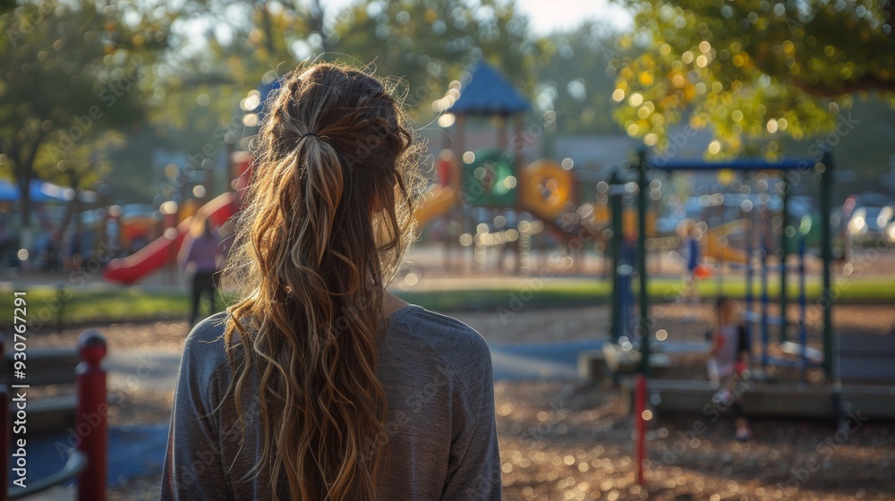Poster create an image of a parent at a playground, watching