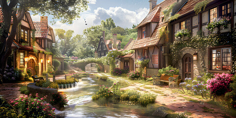 Obraz premium Nearby village with charming cottages, cobblestone paths, lush gardens, and a creek running through the village