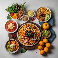 Food day decoration of meal, vegetables and fruits. Creative concept for healthy foods, fresh vegetables, fruit, with plate, food day celebration with attractive healthy food in white background
