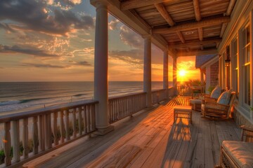 Obraz premium A serene scene of the sun setting over the ocean from a cozy porch