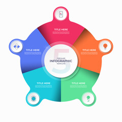 Infographic circle with 5 options, parts. 5-step vector template for business infographics. Process chart, cycle diagram for business presentation, report, brochure, web, data visualization.