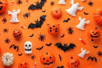 Halloween Party Poster. Festive Halloween Card Featuring Pumpkins, Bats, and Ghosts on Orange Background