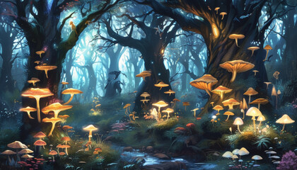 fairy tale forest with mythical glowing mushrooms