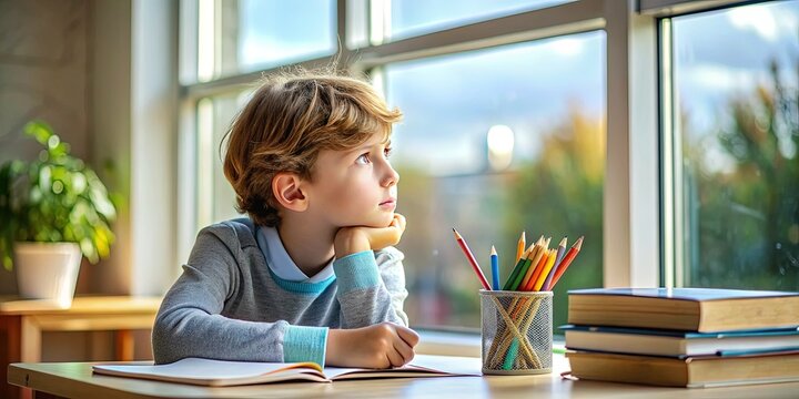 Unfocused young boy sitting at desk surrounded by textbooks and pencils, gazing out the window with a daydreaming expression, lost in thought.