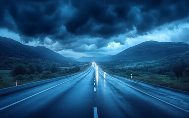 A tranquil road scene under a stormy sky, reflecting a sense of solitude and nature's beauty.