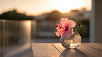 Vibrant Hibiscus Flower in Vase on Balcony - Medium Shot Image